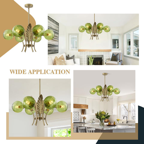 Green and gold chandelier in various room settings with text 'WIDE APPLICATION'.