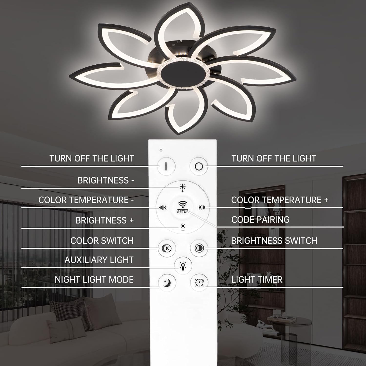 Ceiling light fixture with control panel in a room setting