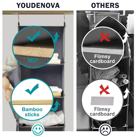 YOUDENOVA Hanging Wardrobe Organiser, 6 Shelves with Side Pockets, Grey – Make Every Shelf Count