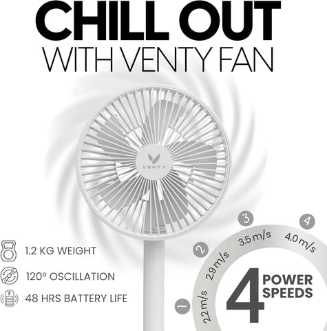 VENTY Portable Fan - Wireless Battery Operated, 48HR Run Time 16000MAH Battery, Oscillating Rechargeable Fans, Remote Control & LED Lighting, Folding Telescopic Camping Fan (White with Case)