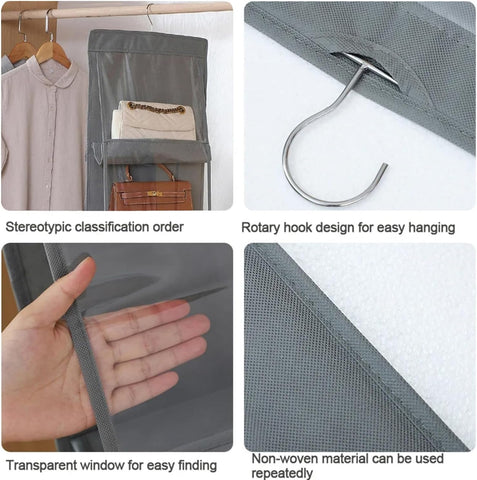 CJWLKJ 10-Pocket Hanging Handbag Organiser – Grey Clear Storage Holder for Wardrobes and Closets
