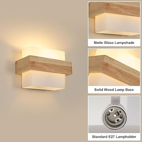 Wooden Wall Lights Indoor, Modern Minimalist Design Wall Lamp - E27 LED 3-Color Temperature Indoor Sconce