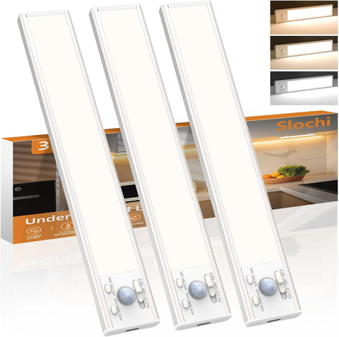 Slochi Rechargeable Under Cabinet Kitchen Lights 20cm 3 Pack – Dimmable LED Cupboard Lights with 3 Colours, Motion Sensor, USB-C Rechargeable & Magnetic Mount - Light Up the Spaces You Usually Leave in the Dark