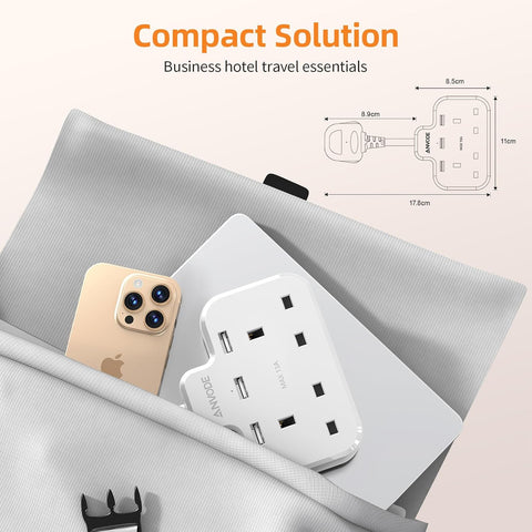 Double Plug Adaptor with USB, 2 Way Wall Adapter with Short Extension Lead, Multi Plug Socket Extender For Home Office (White)