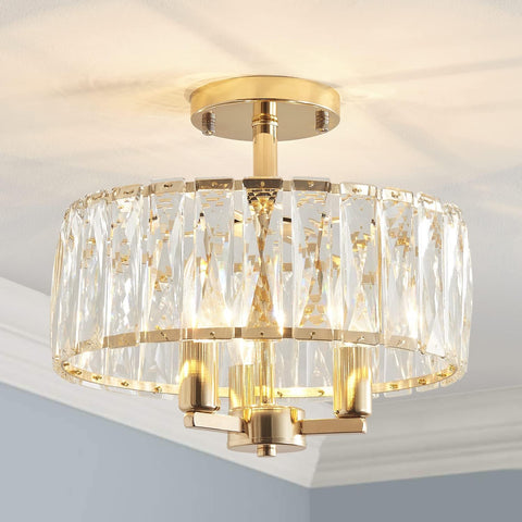 K9 Crystal Semi Flush Ceiling Light, Gold Finish, 3-Light Fixture