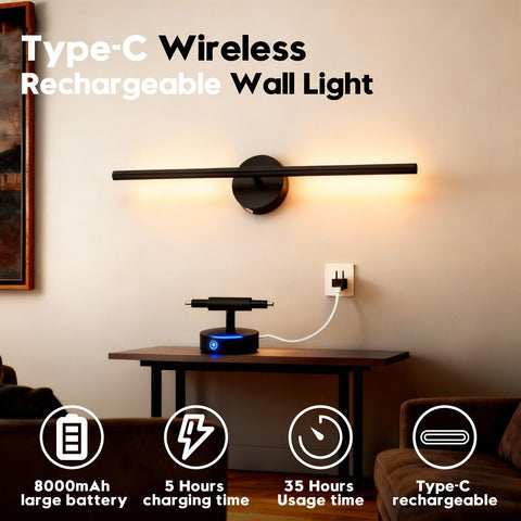 Battery Operated Wall Sconces, 2 Pack 8000mAh Rechargeable Wall Lights, 3000K-6000K Dimmable Wireless Wall Light with Remote Control, 70CM Gold Wall Lamp for Living Room Bedroom Hallway