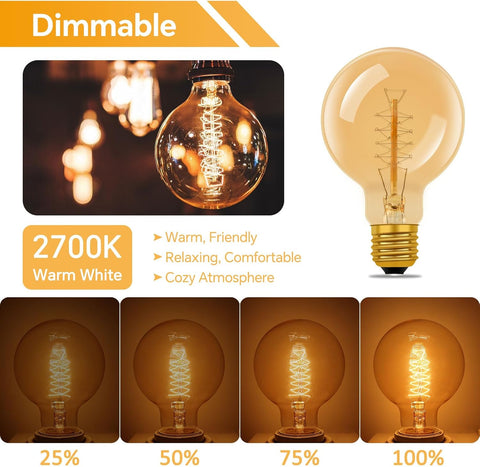 Dimmable light bulb with warm white light and visible filament, shown with different brightness levels.