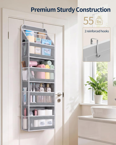 Yecaye 5-Tier Over Door Storage Organiser, Grey – Hanging Shelves with Mesh Windows for Space-Saving Home Organisation