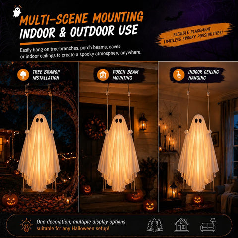 Halloween Light Up Swinging Ghost Hanging Decoration – Large Cloth Specter with Warm White LED Light for Outdoor Trees, Gardens, Porches & Halloween Parties