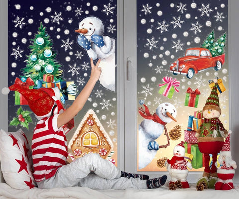 Christmas Window Stickers Set – 8 Sheets of Snowman, Santa & Gift Decals for Holiday Window Decorations