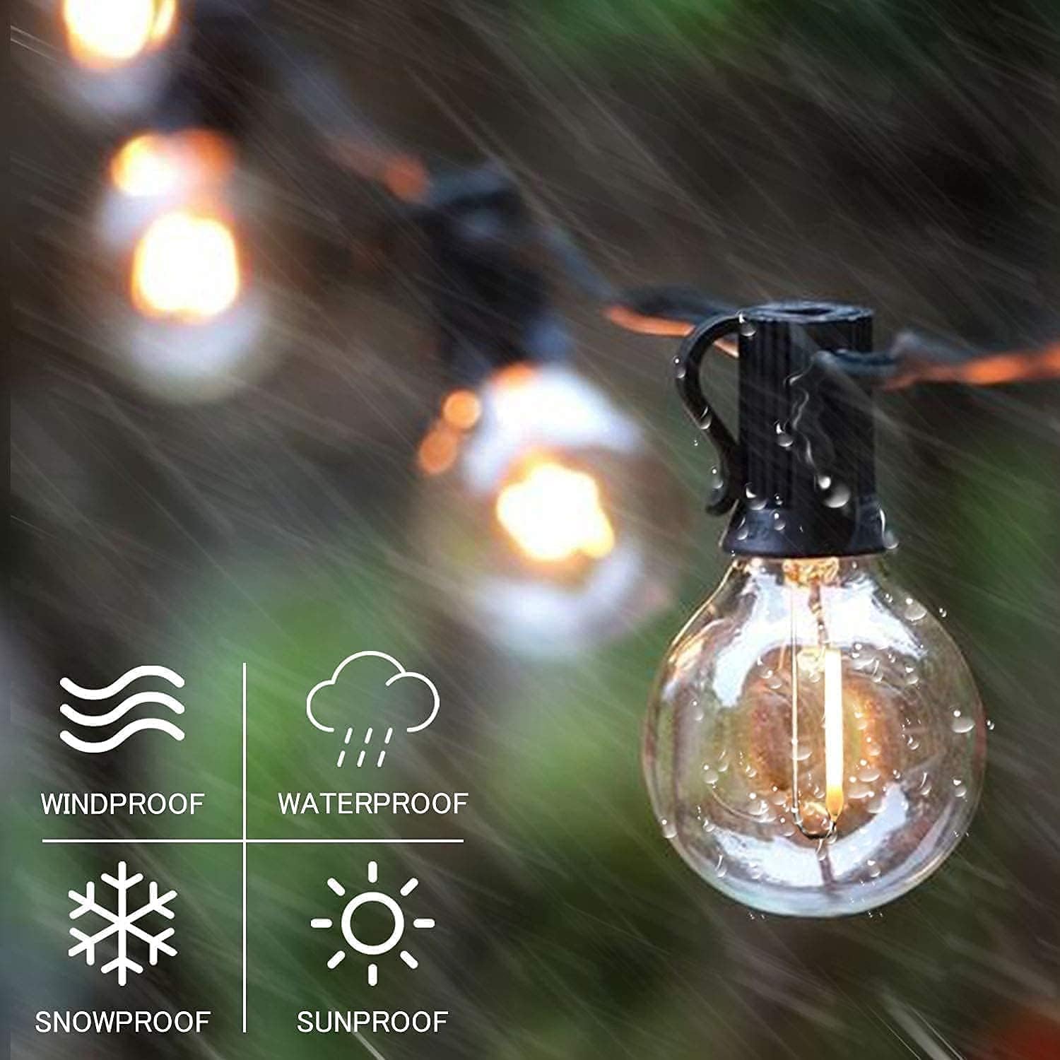 String of outdoor lights with raindrops, featuring windproof, waterproof, snowproof, and sunproof icons.