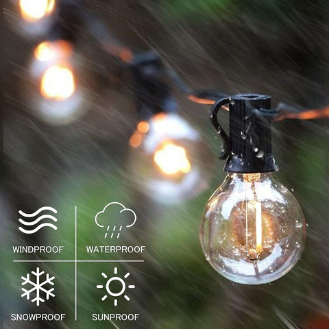 String of outdoor lights with raindrops, featuring windproof, waterproof, snowproof, and sunproof icons.