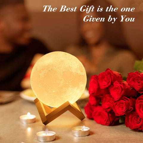3D Moon Lamp with Ceramic Base, LED Night Light, Mood Lighting with Touch Control Brightness for Home Décor, Bedroom, Gifts for Father Kids Women Birthday - White & Yellow