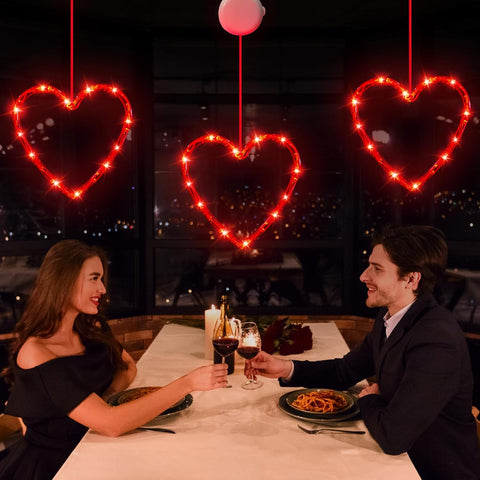 3 Pack Valentine Heart Window Lights with Timer – Battery Powered Red LED Hanging Decor
