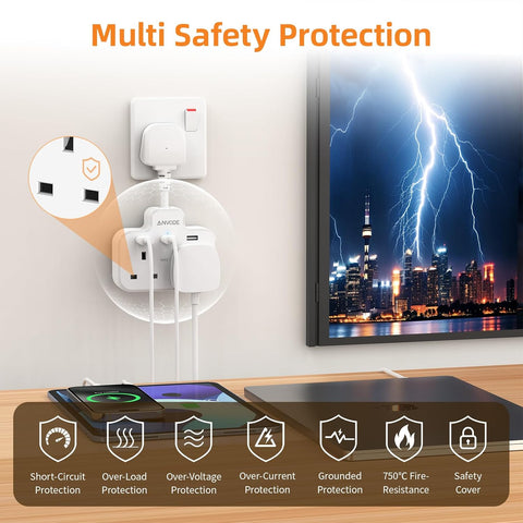 Double Plug Adaptor with USB, 2 Way Wall Adapter with Short Extension Lead, Multi Plug Socket Extender For Home Office (White)