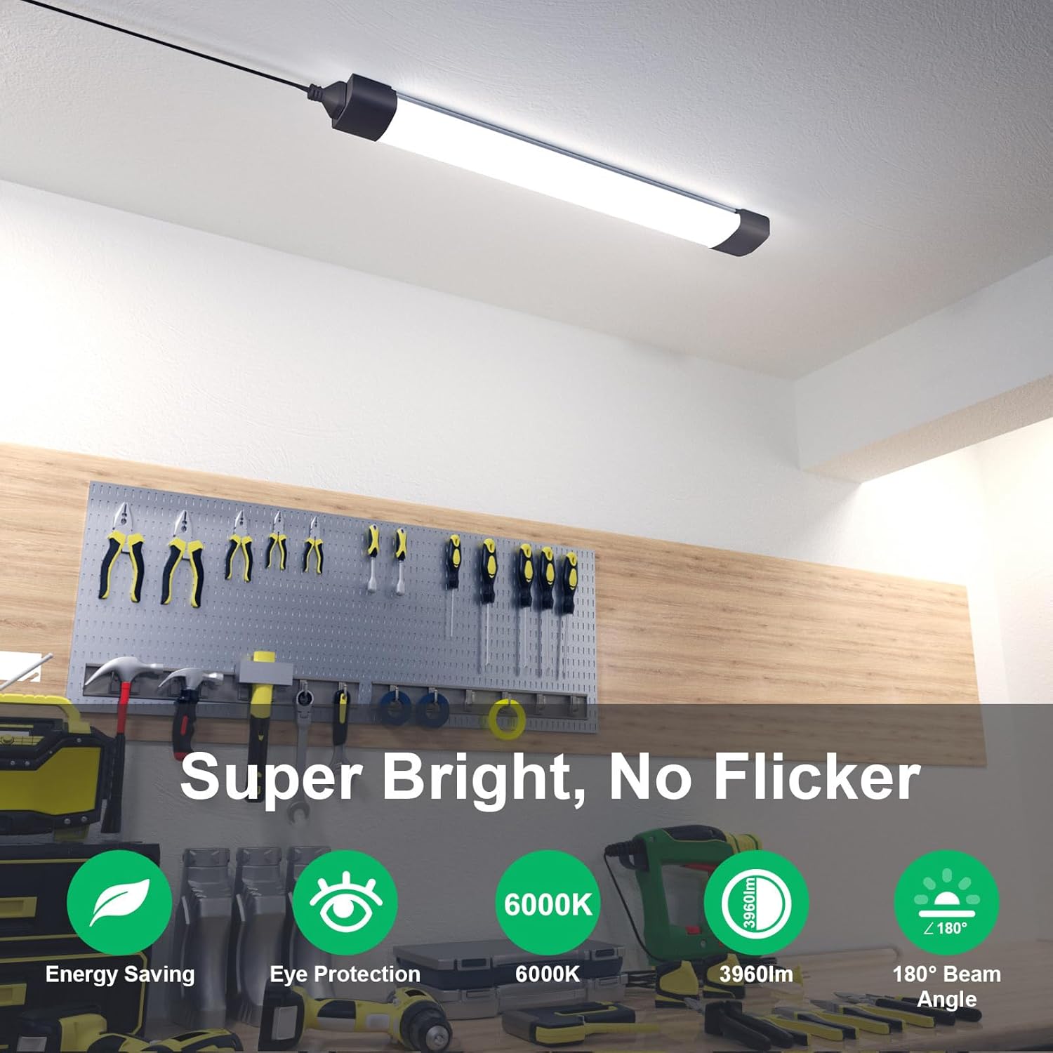 Ceiling light fixture in a workshop with tools on a wall panel, highlighting features like 'Super Bright, No Flicker'.