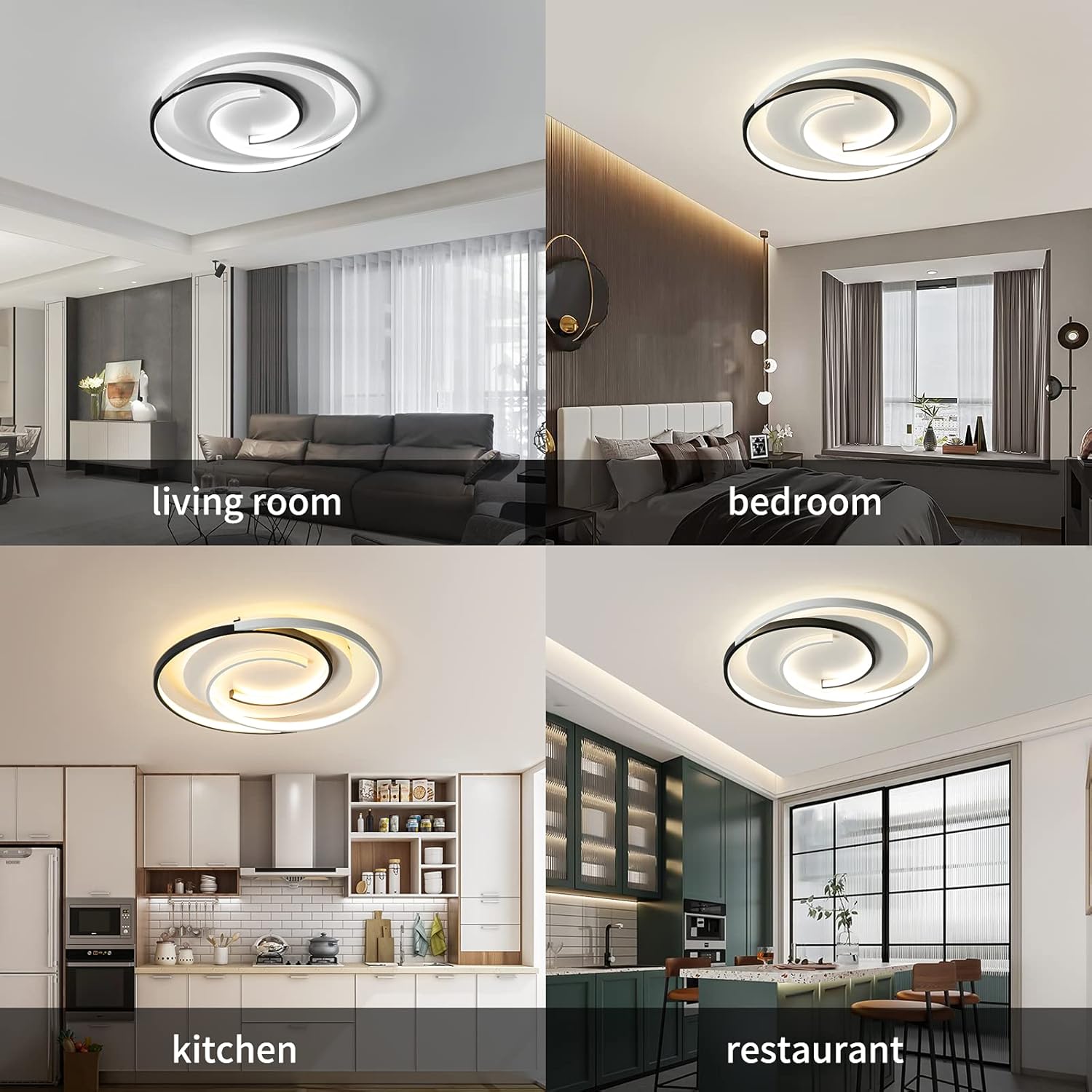 Ceiling light fixture in various rooms including living room, bedroom, kitchen, and restaurant.