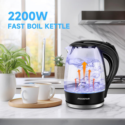 Glass Electric Kettle 1.7L, 2200W Fast Boil, LED Light, Auto Shut-Off