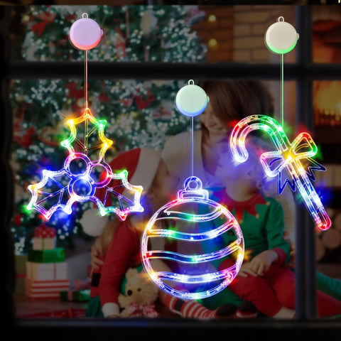 Christmas Window Lights, 3 Pack Multicoloured Ball, Holly Berry & Candy Cane with Suction Cup, Timer Function & Slow Fade Mode – Battery Operated LED Window Decorations