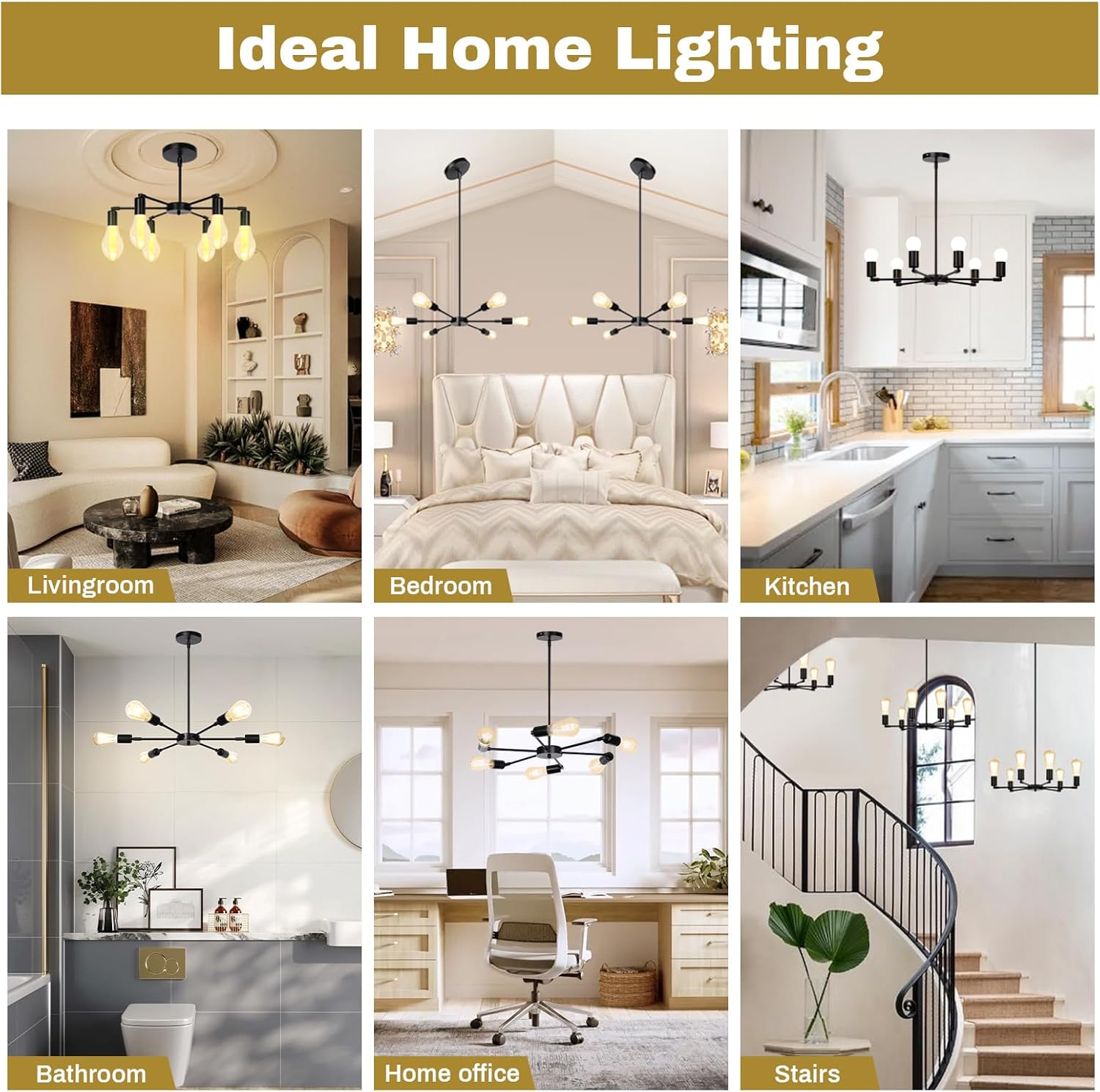 Collage of chandelier lighting in various home settings including living room, bedroom, kitchen, bathroom, home office, and stairs.