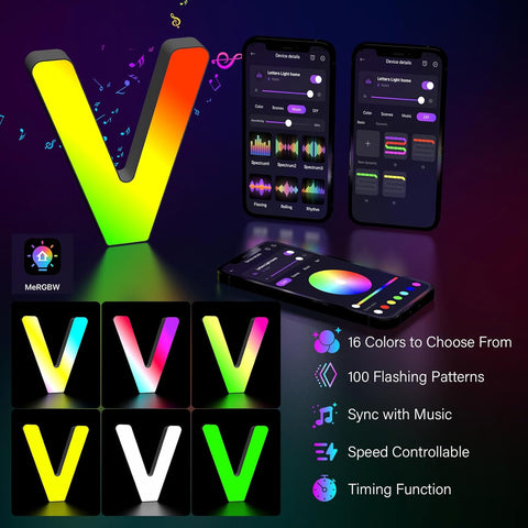 Light Up Letters USB Powered, LED Letter Lights Color Changing Alphabet Sign Gifts for Girls Women Party Birthday Decorations, APP Control, Night Light Christmas Valentine Wall Table Decor - V