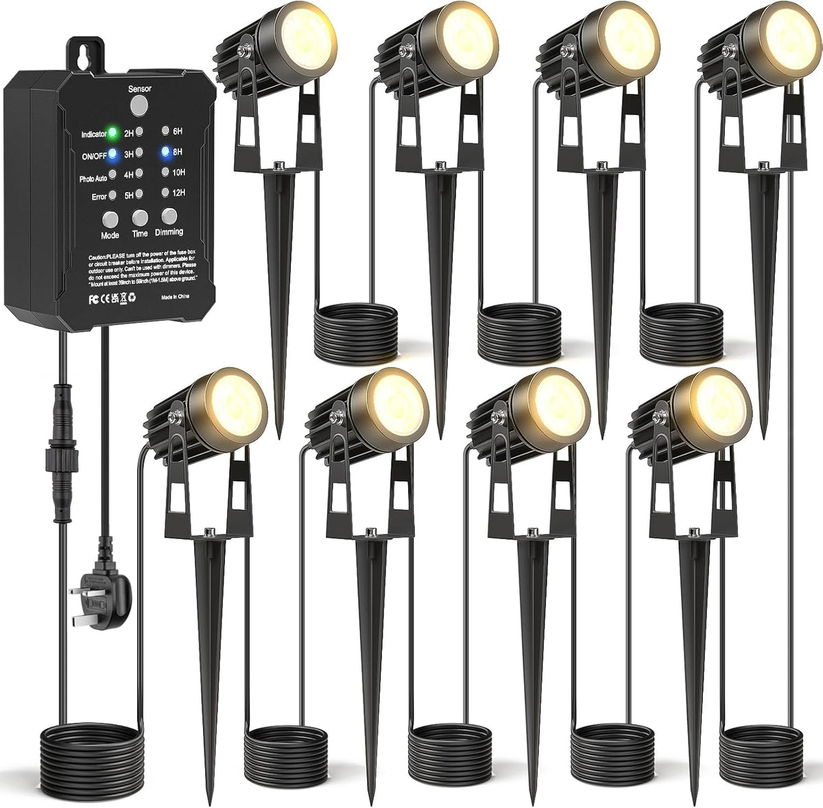 HIBOITEC Dimmable Garden Lights with Transformer ＆ Photocell Sensor, 68FT Waterproof Outdoor Lights Mains Powered，Transformer Garden Spotlights for House Yard Trees Plants(Warm White, 8 Pack)