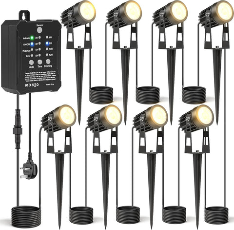 HIBOITEC Dimmable Garden Lights with Transformer ＆ Photocell Sensor, 68FT Waterproof Outdoor Lights Mains Powered，Transformer Garden Spotlights for House Yard Trees Plants(Warm White, 8 Pack)