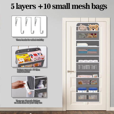 KYEVIS Over The Door Storage Organiser, 5 Shelves with 10 Mesh Pockets, Dark Grey – Keep Baby Essentials Neatly Within Reach