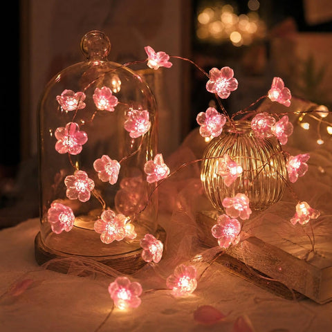Afaiup 2m Pink Cherry Blossom Fairy Lights – 20 LED Battery Powered Flower String Lights with 6-Hour Timer for Bedroom, Wedding, Christmas & Party Decorations