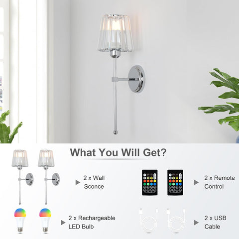 Battery Operated Crystal Wall Lights Set of 2 with Remote USB Rechargeable