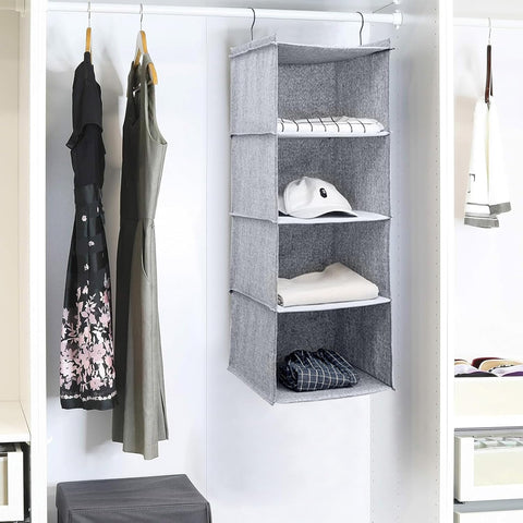 BOMEI PACK Grey Hanging Wardrobe Organiser, 4 Shelves – Foldable Closet Storage with Curved Metal Hooks