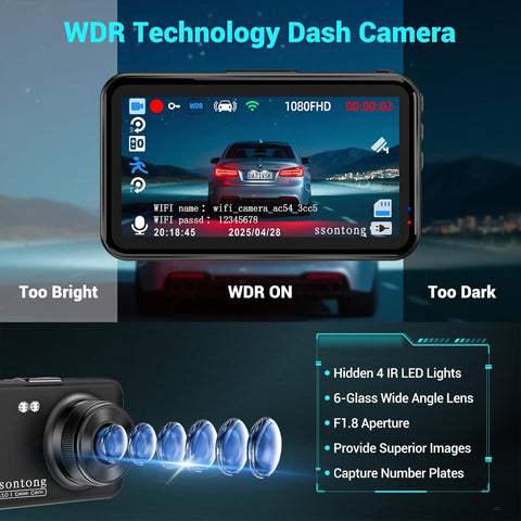WiFi Dash Cam 1080P with 3" IPS Screen & Night Vision 32GB Car Camera