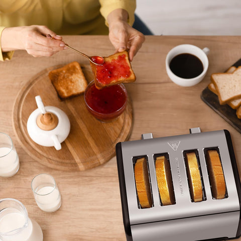 4 Slice Stainless Steel Toaster – Black | LED Display, Extra-Wide Slots, 6 Browning Settings, Defrost, Reheat & Cancel