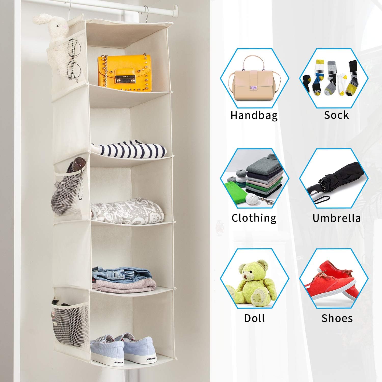2 PCS Hanging Wardrobe Closet Storage with 5 Shelves Organiser, Storage Shelves Unit with 6 Pockets for Clothes -Beige(12 X 12 X 43 Inch)