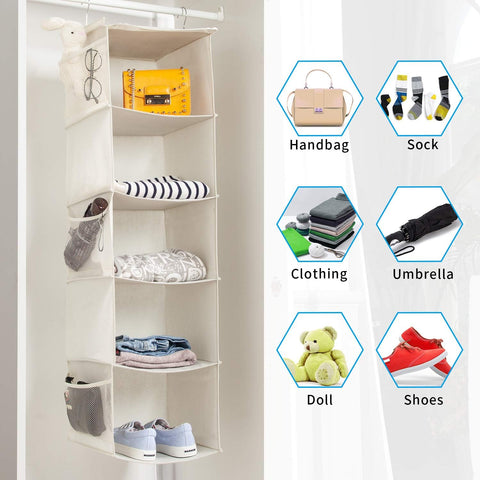 2 PCS Hanging Wardrobe Closet Storage with 5 Shelves Organiser, Storage Shelves Unit with 6 Pockets for Clothes -Beige(12 X 12 X 43 Inch)