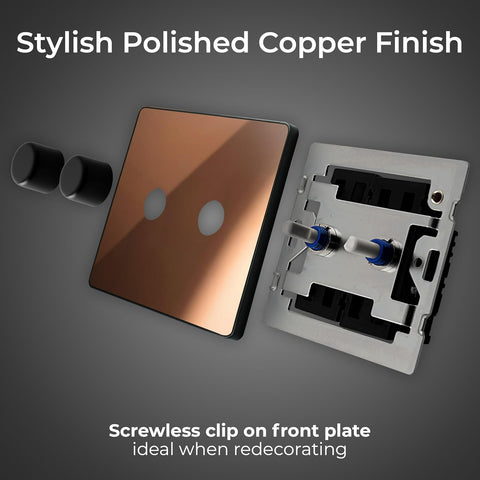 BG Electrical Intelligent Double Wall Dimmer Switch, 2 Way, Screwless Front Plate, Evolve, Polished Copper, 200W, PCDCP82B