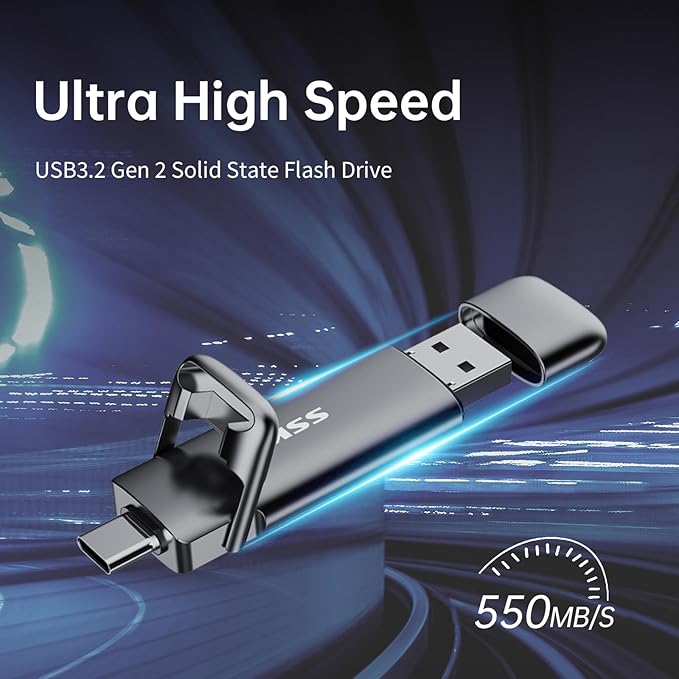 128GB USB-C Dual Flash Drive – 550MB/s USB 3.2 Gen2 Solid State Drive, Type-C + USB-A External SSD Stick for Phone, Laptop & Tablet