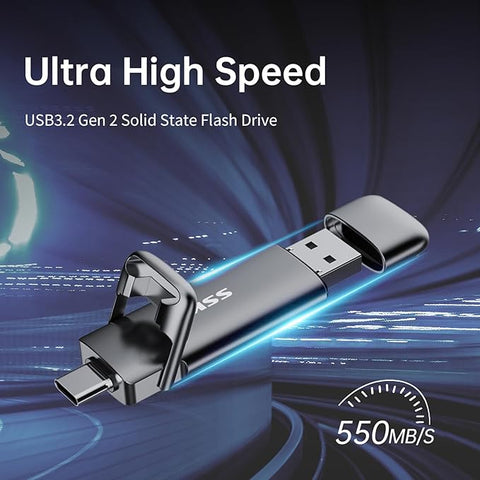 128GB USB-C Dual Flash Drive – 550MB/s USB 3.2 Gen2 Solid State Drive, Type-C + USB-A External SSD Stick for Phone, Laptop & Tablet