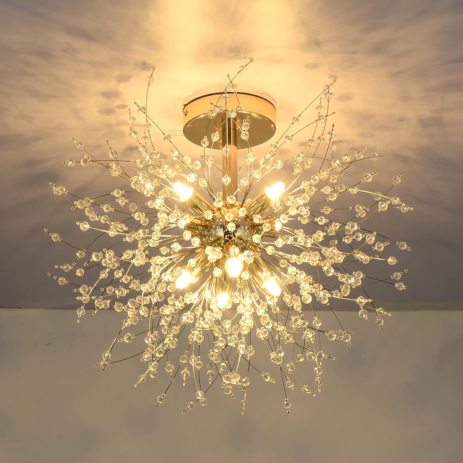 Chandelier with crystal-like design on a ceiling