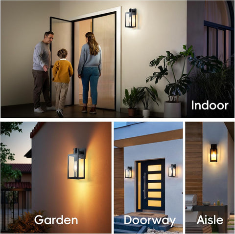 Collage of outdoor lighting fixtures in various settings including indoor, garden, doorway, and aisle.