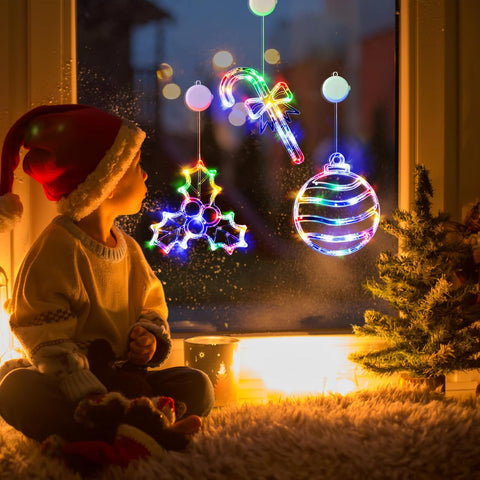 Christmas Window Lights, 3 Pack Multicoloured Ball, Holly Berry & Candy Cane with Suction Cup, Timer Function & Slow Fade Mode – Battery Operated LED Window Decorations