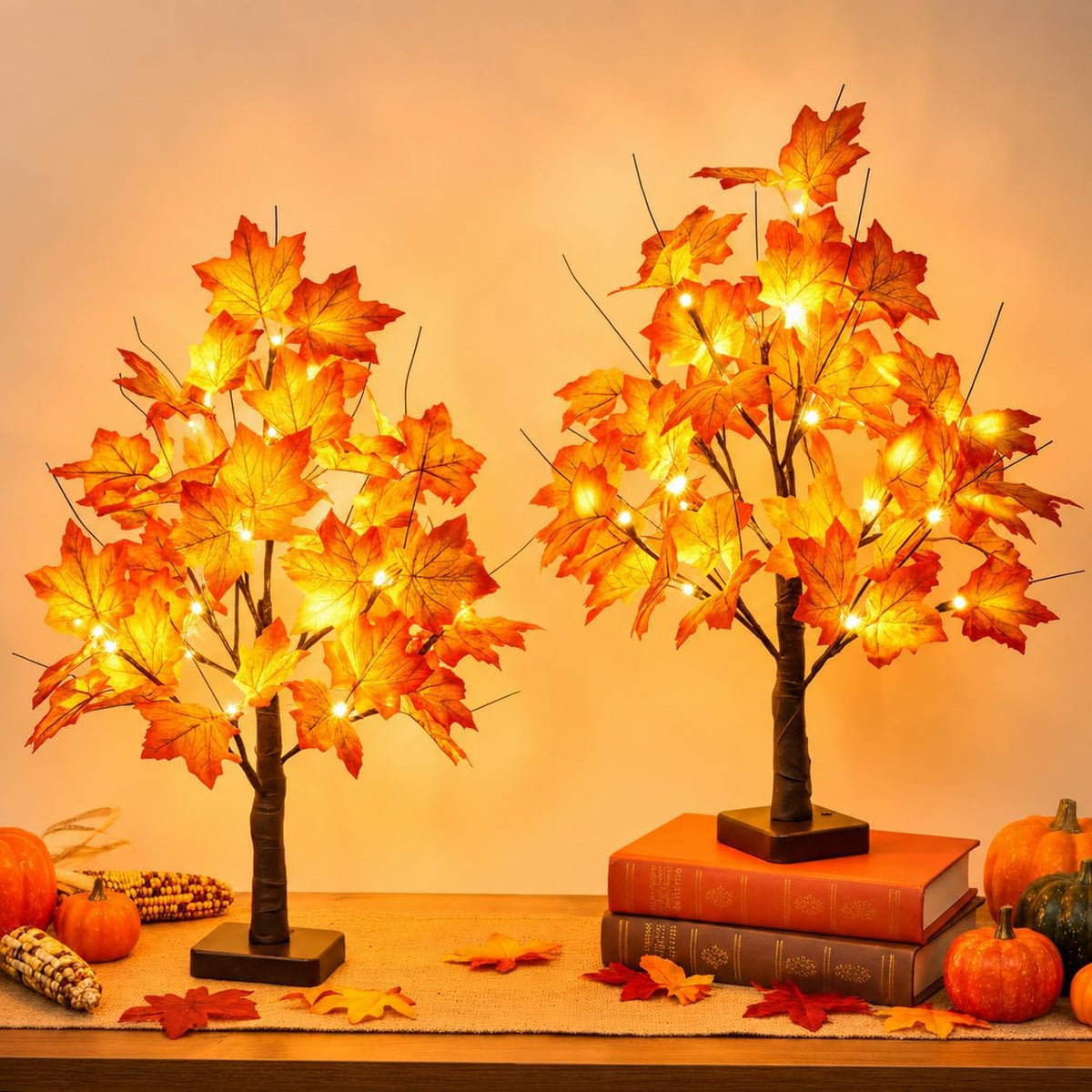 2 Pack 22" Lighted Maple Tree Fall Decor, Fall Tree with Lights Thanksgiving Decorations,24 LED Artificial Tree Battery Operated Centerpiece Table Decorations for Home Party Autumn Decor