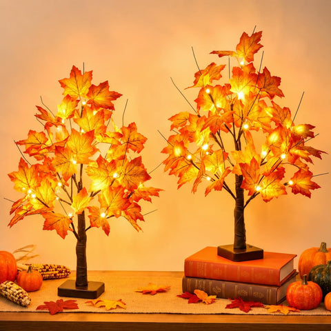 2 Pack 22" Lighted Maple Tree Fall Decor, Fall Tree with Lights Thanksgiving Decorations,24 LED Artificial Tree Battery Operated Centerpiece Table Decorations for Home Party Autumn Decor