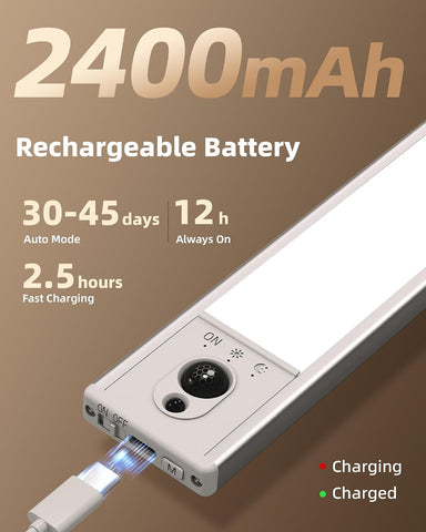 5 Pack Motion Sensor Under Cabinet Kitchen Lights – 2400mAh Rechargeable Wireless LED Cupboard Lights with Remote, Dimmable 3500K Warm White - Light Up Dark Spaces Without Reaching for the Switch