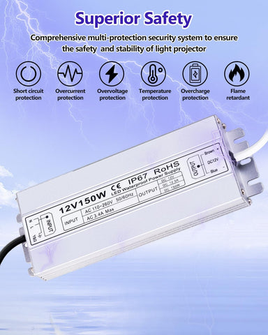 LED power supply unit with safety features on a blue background