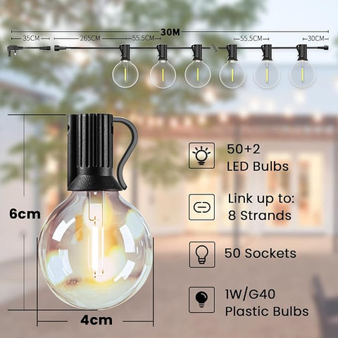 Mains-powered 200FT outdoor string lights over a backyard patio.


