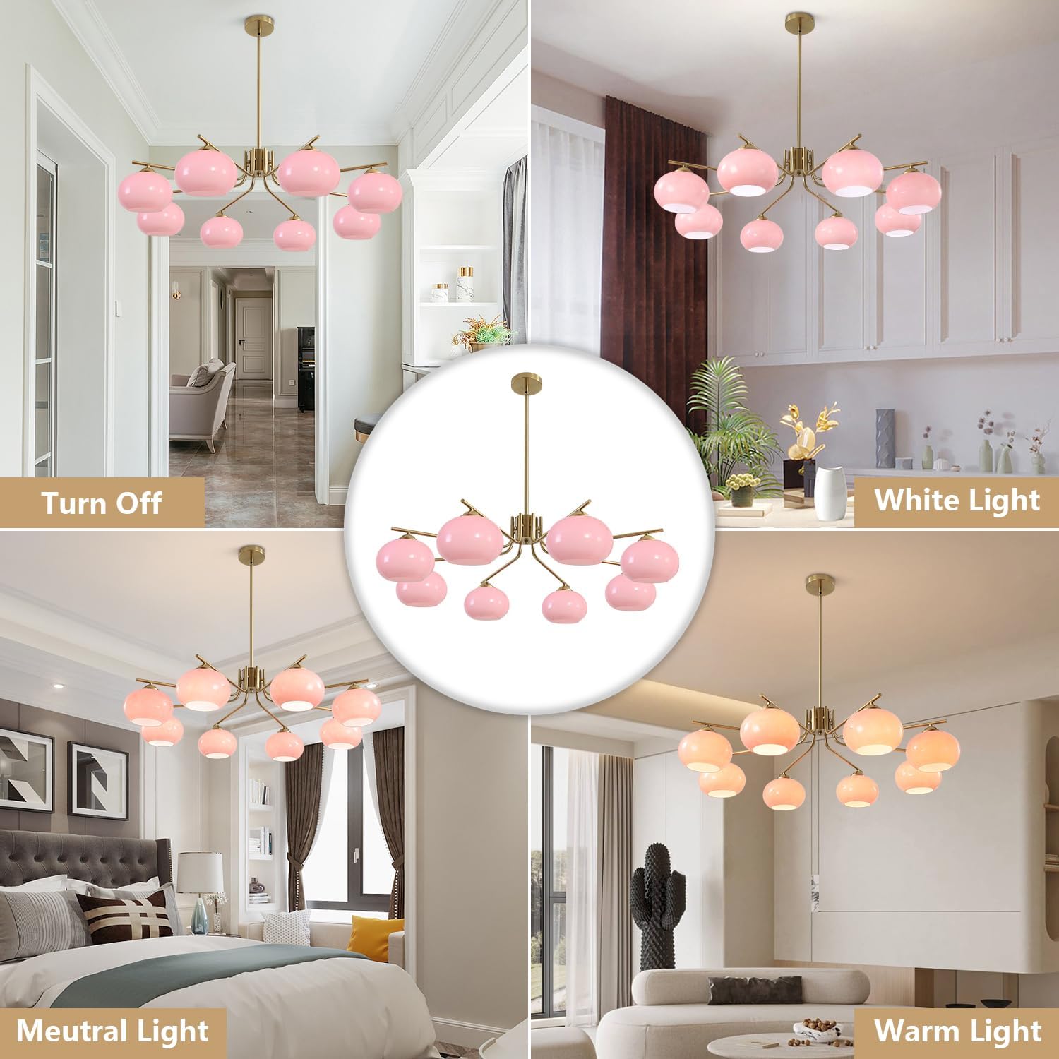 Chandelier with pink lights in various settings showing different light modes.