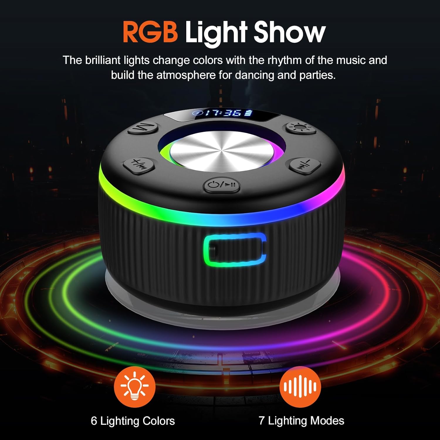 Black Bluetooth speaker with RGB lighting effects on a dark background
