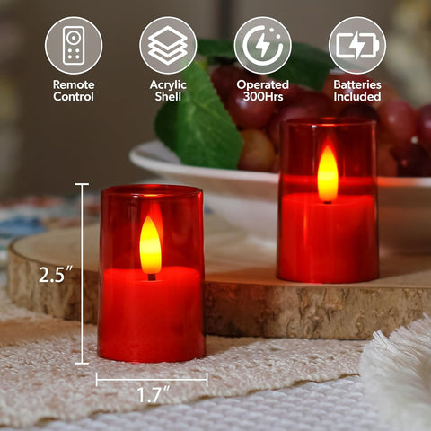 Flameless LED Votive Tea Lights, Battery Operated Acrylic Candles with Remote & Timer, Warm Red Flickering Light, Long-Lasting Electric Tealights (Pack of 8)