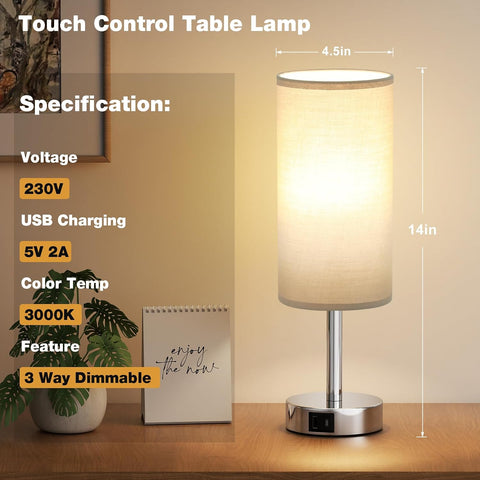 Aooshine Touch Bedside Lamp with 2 USB Charging Ports – Grey Table Lamp with 3 Brightness Levels, E27 LED Bulb & Touch Control for Bedroom, Study & Living Room